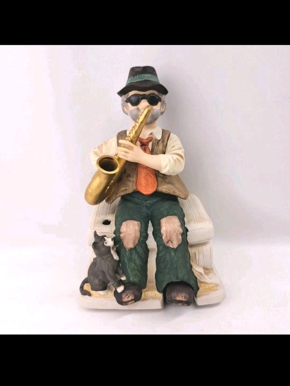 Hand-Painted Saxophone Musician Figurine in Green and Tan